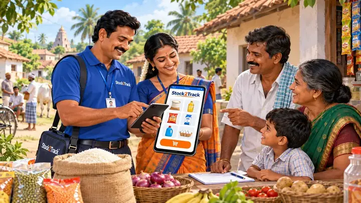 Illustration of a village agent taking a family's grocery order on the Stock2Track app
