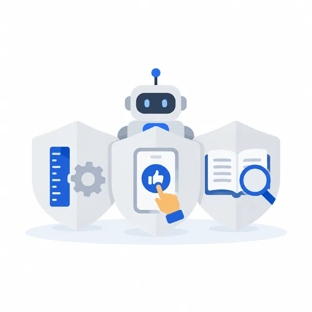 Three shields for rules, approvals and audit log standing in front of a small robot