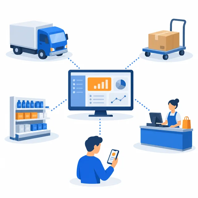 Illustration of a retail ERP as a control tower coordinating billing, shelves, warehouse and devices