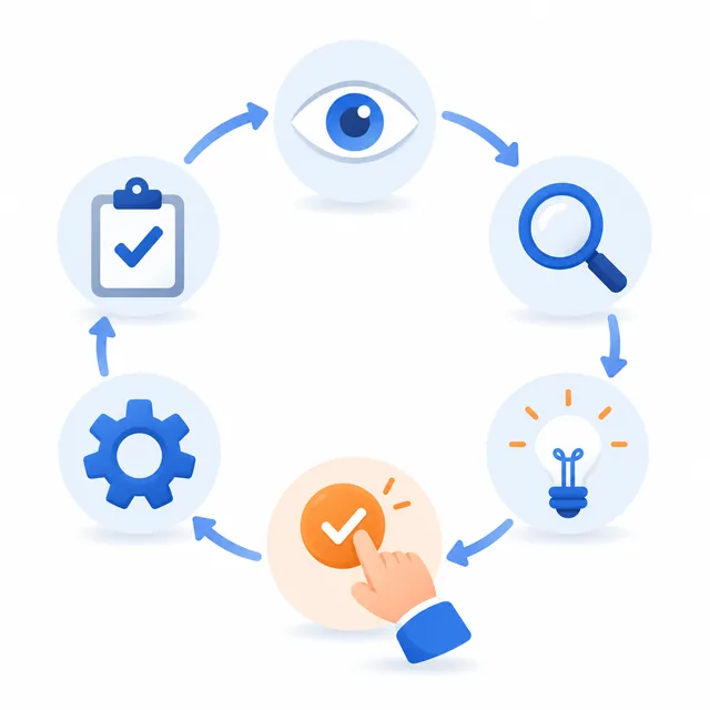 Illustration of a six-step loop: sense, understand, recommend, approve, act and update, with a person approving