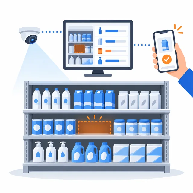 Illustration of a store shelf with sensors and a camera sending stock signals to a retail ERP