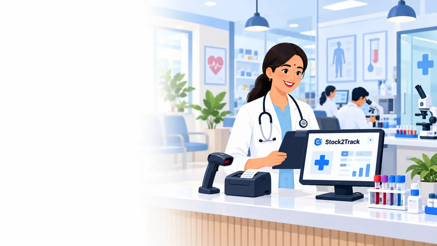 Illustration of Stock2Track at the counter of a diagnostic centre or clinic