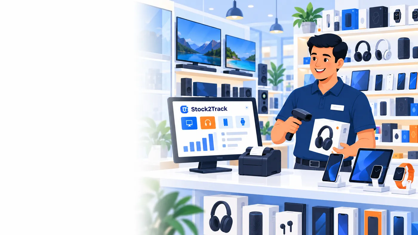Illustration of Stock2Track at the counter of an electronics shop