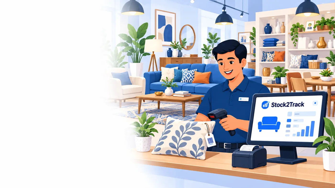 Illustration of Stock2Track at the counter of a furniture showroom