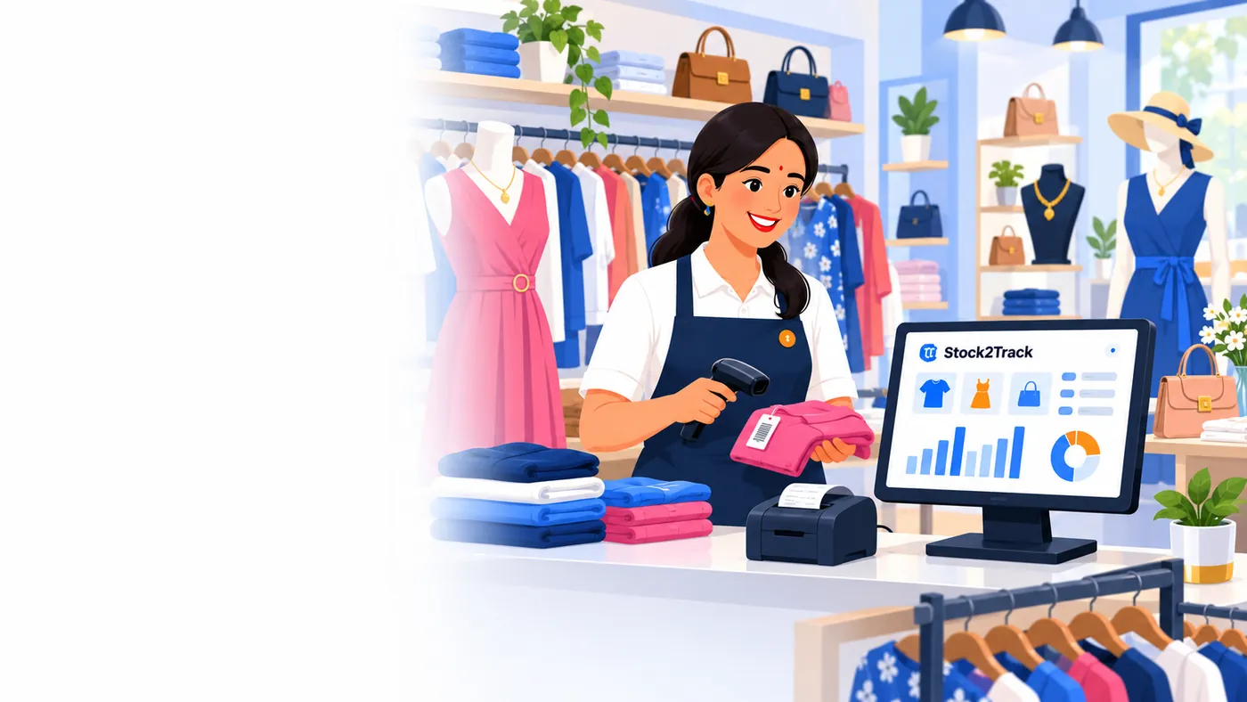 Illustration of Stock2Track at the counter of a garment and fashion store