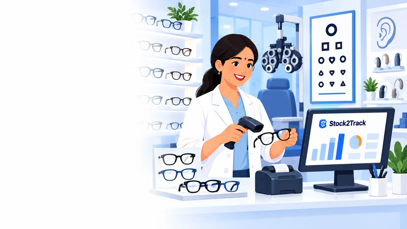 Illustration of Stock2Track at the counter of an optical store