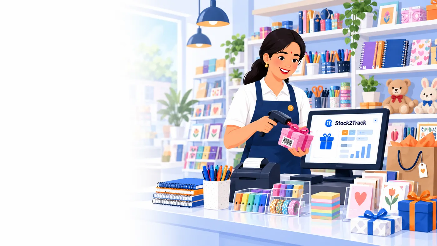 Illustration of Stock2Track at the counter of a stationery and gift shop