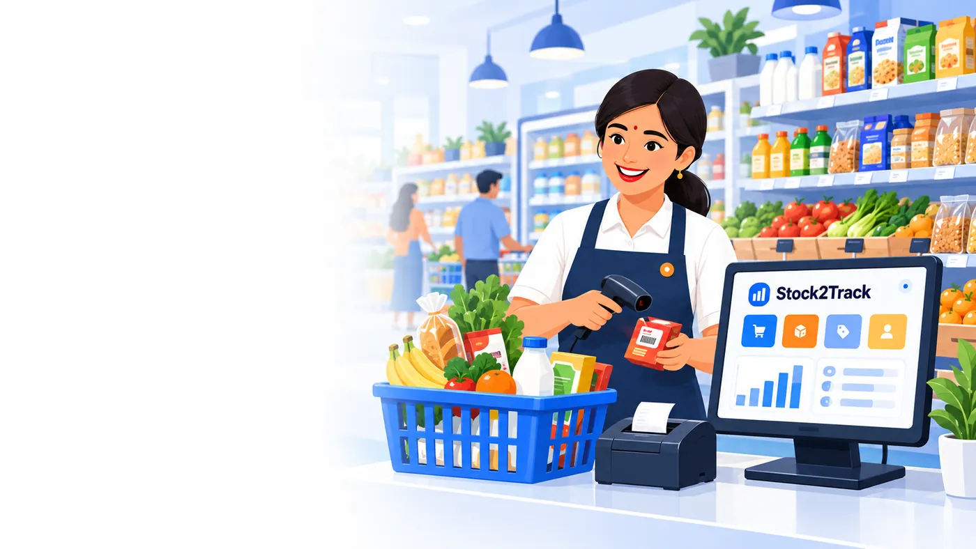 Illustration of Stock2Track at the counter of a supermarket