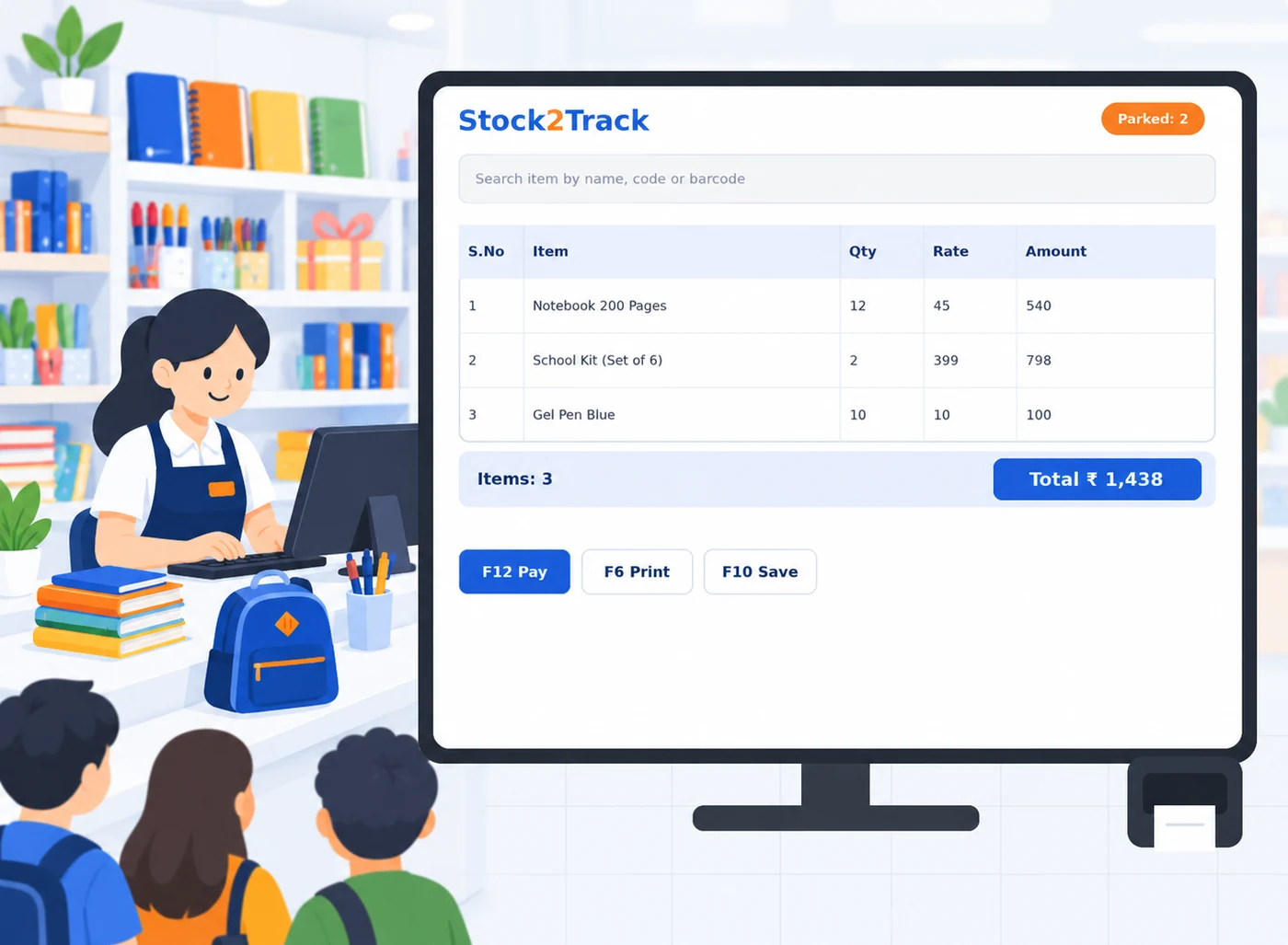 Illustration of a retail shop counter running Stock2Track, with a bill on screen